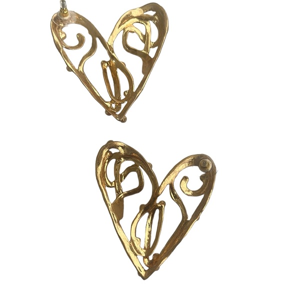 ABSTRACT HEARTS WITH OPEN WORK GILDED METAL & BLACK GLASS CRYSTAL RHINESTONE - Picture 2 of 2